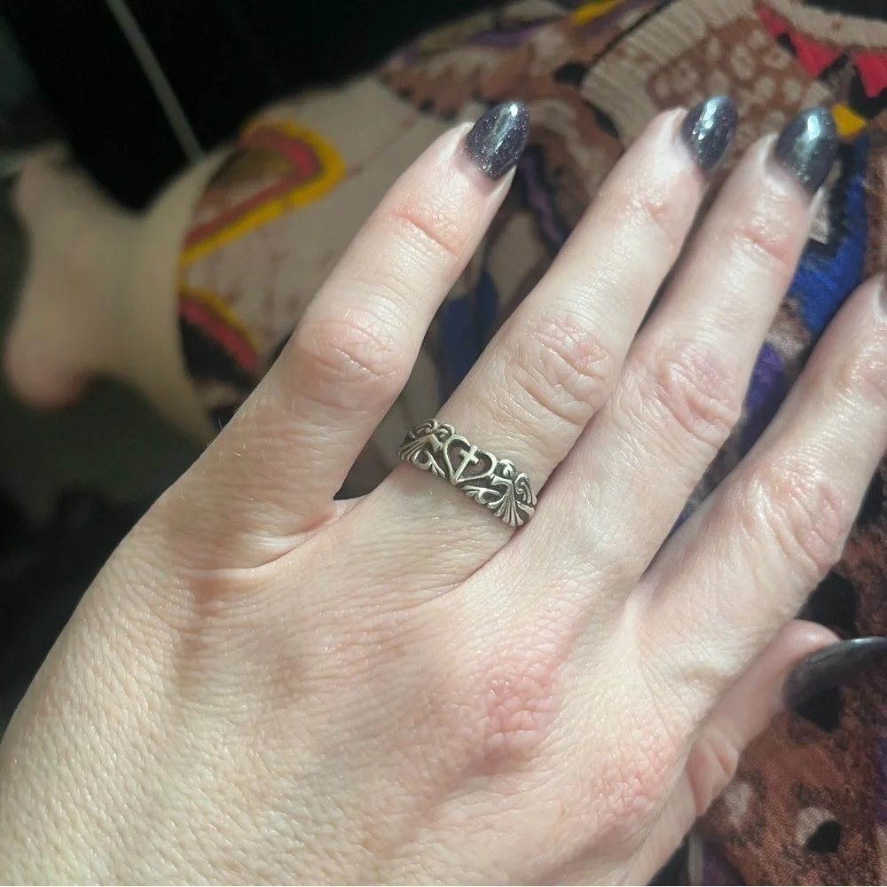 Vintage 925 Sterling Silver Heart Cross and Angels Ring with Maker’s Mark